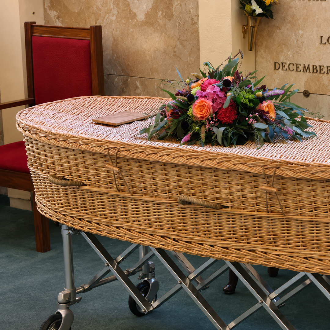 Eco-friendly wicker casket with flowers